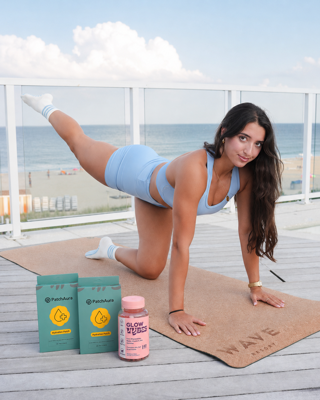 Sea Sculpt Club instructor on a Wave Resort mat with vendor products
