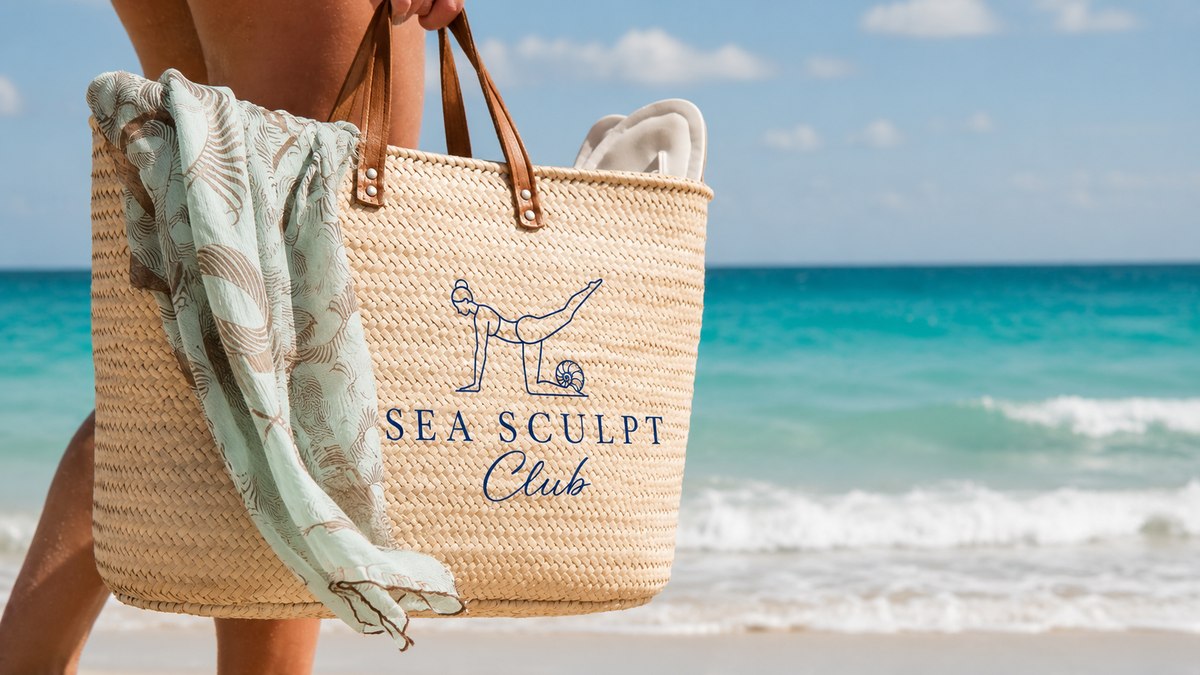 Woman carrying a Sea Sculpt Club tote bag on the beach
