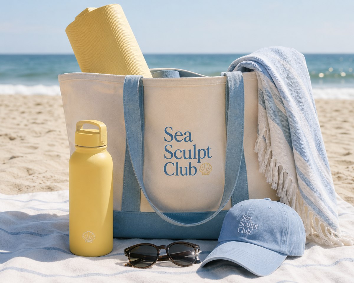 Sea Sculpt Club branded tote bag, water bottle, cap, and beach towel